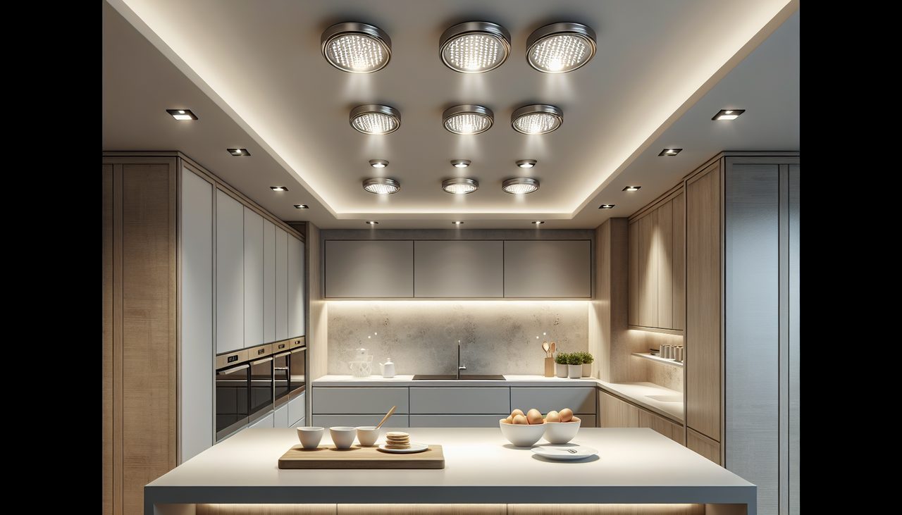 גופי תאורה שקועים בתקרת מטבח מודרני עם תאורת LED